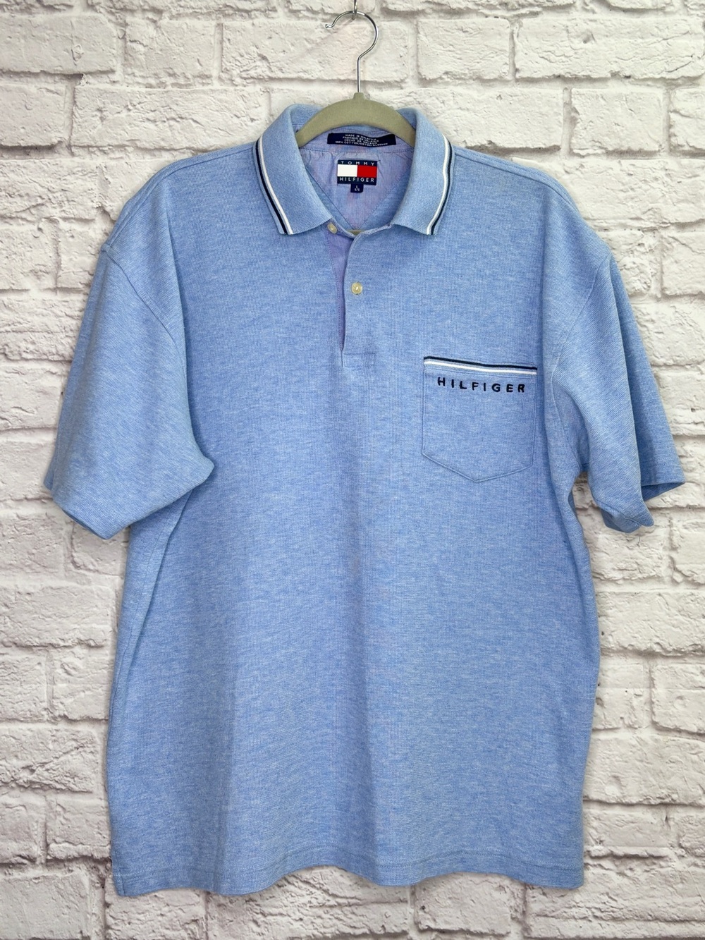 VTG Tommy Hilfiger Polo Shirt Size L Spell-Out Waffle Weave Fabric Blue UNIQUE